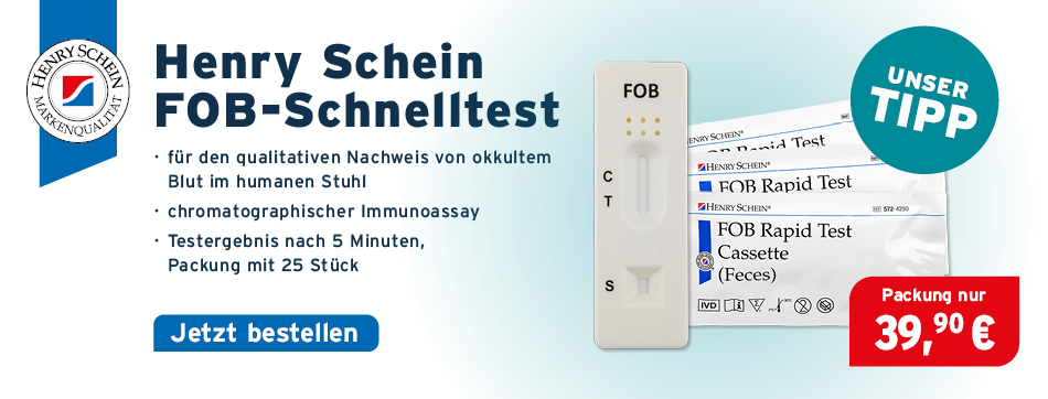 Henry Schein FOB-Schnelltest, für den qualitativen Nachweis von okkultem Blut im humanen Stuhl, chromatographischer Immunoassay, Testergebnis nach 5 Minuten